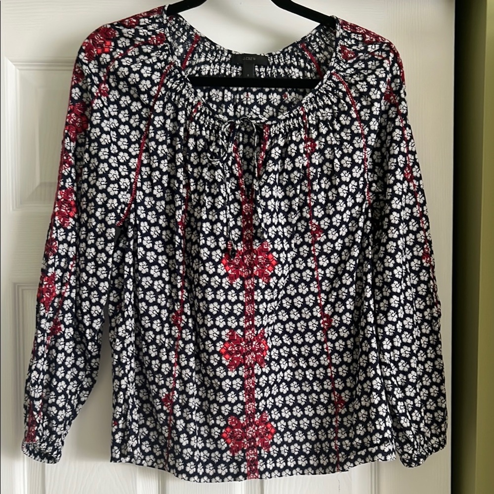 J. Crew Navy and White Smocked Embroidered Blouse